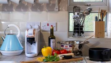 Fridge, oven, dishwasher, cookware/dishes/utensils