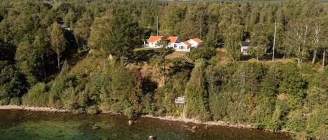 A cluster of houses with red roofs nestled among dense trees, overlooking a clear body of water.
