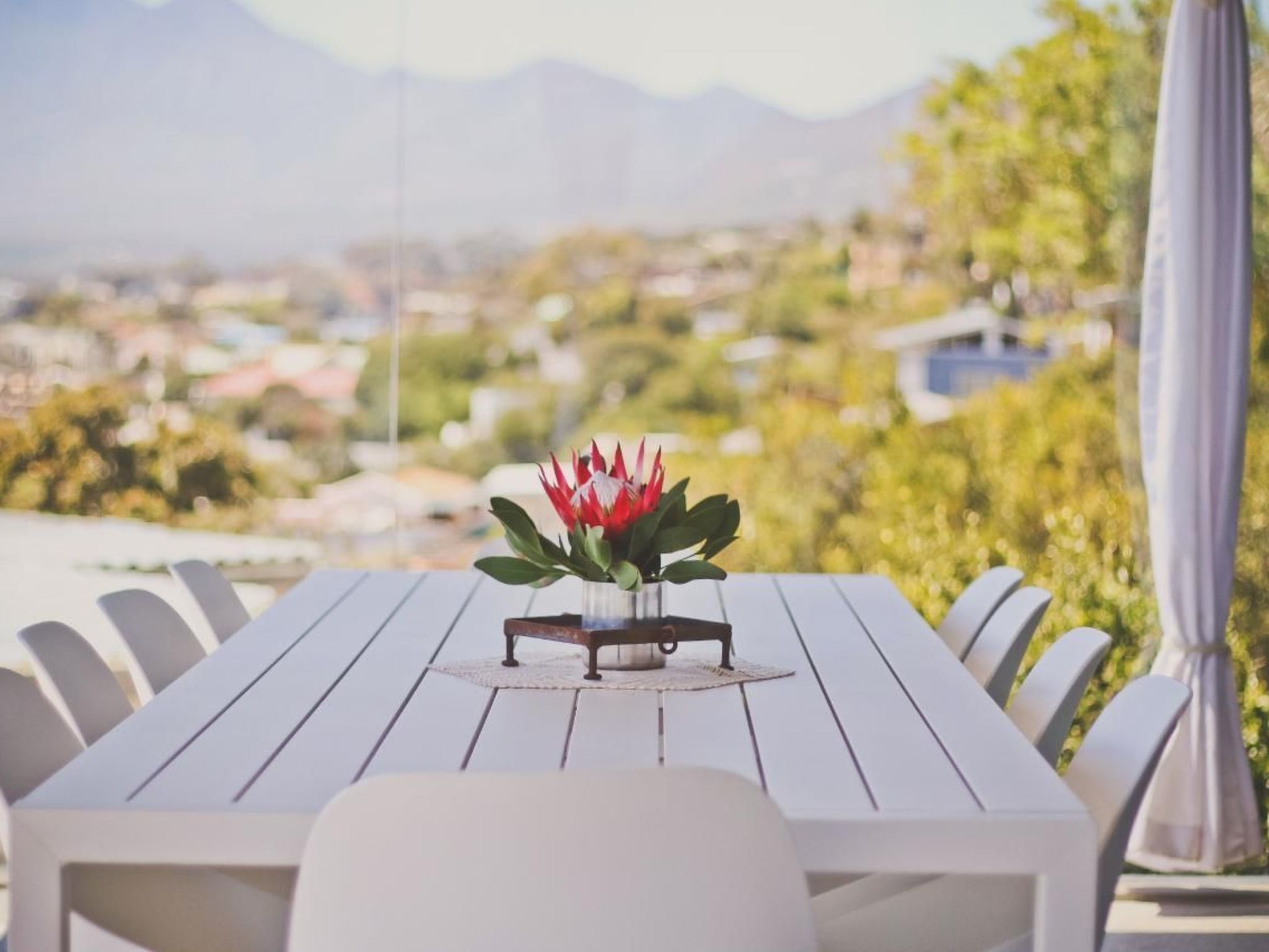 A white wooden table with a small vase of red flowers, set on a patio with a view of a town and mountains in the background.
