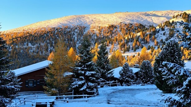 A cabin with a snow-covered deck and a view of a forested mountain range.