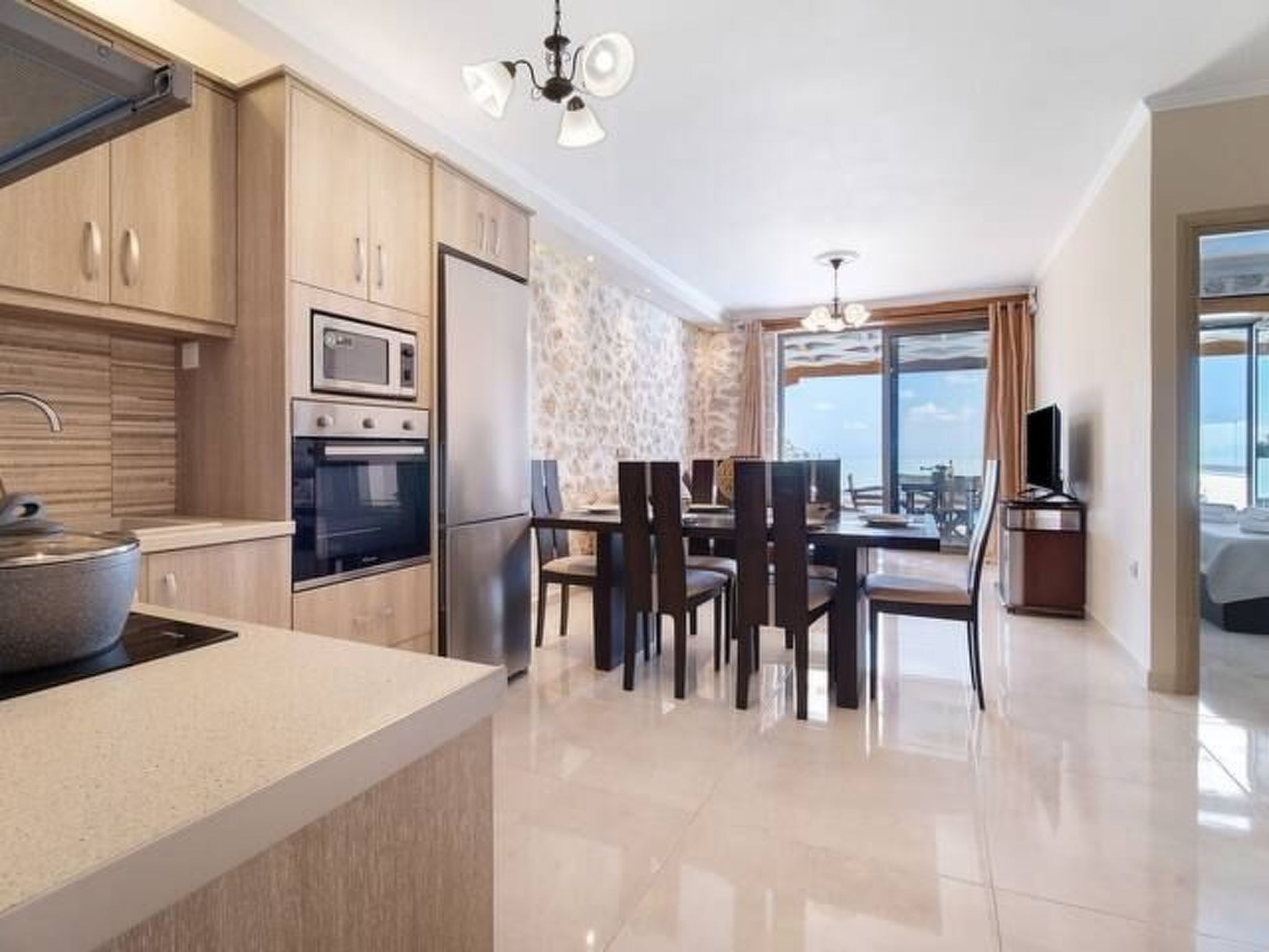 Fridge, microwave, oven, cookware/dishes/utensils