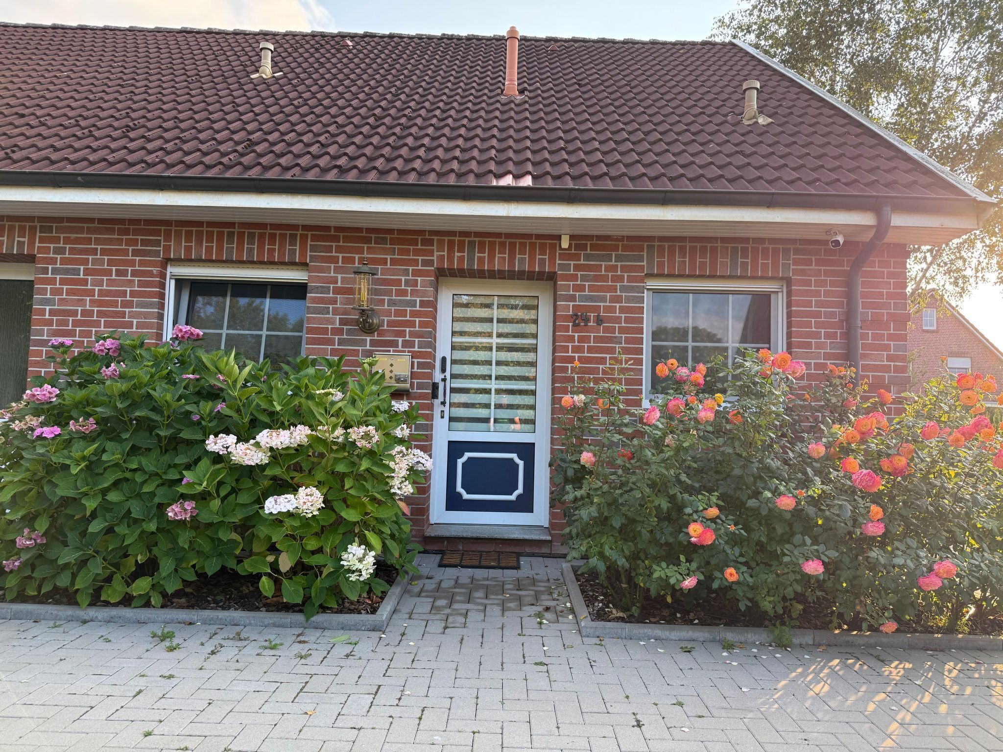 Een huis van baksteen met een pannendak, een voordeur en een klein voortuintje.