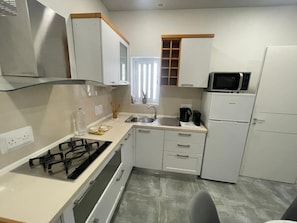 Fridge, microwave, oven, cookware/dishes/utensils