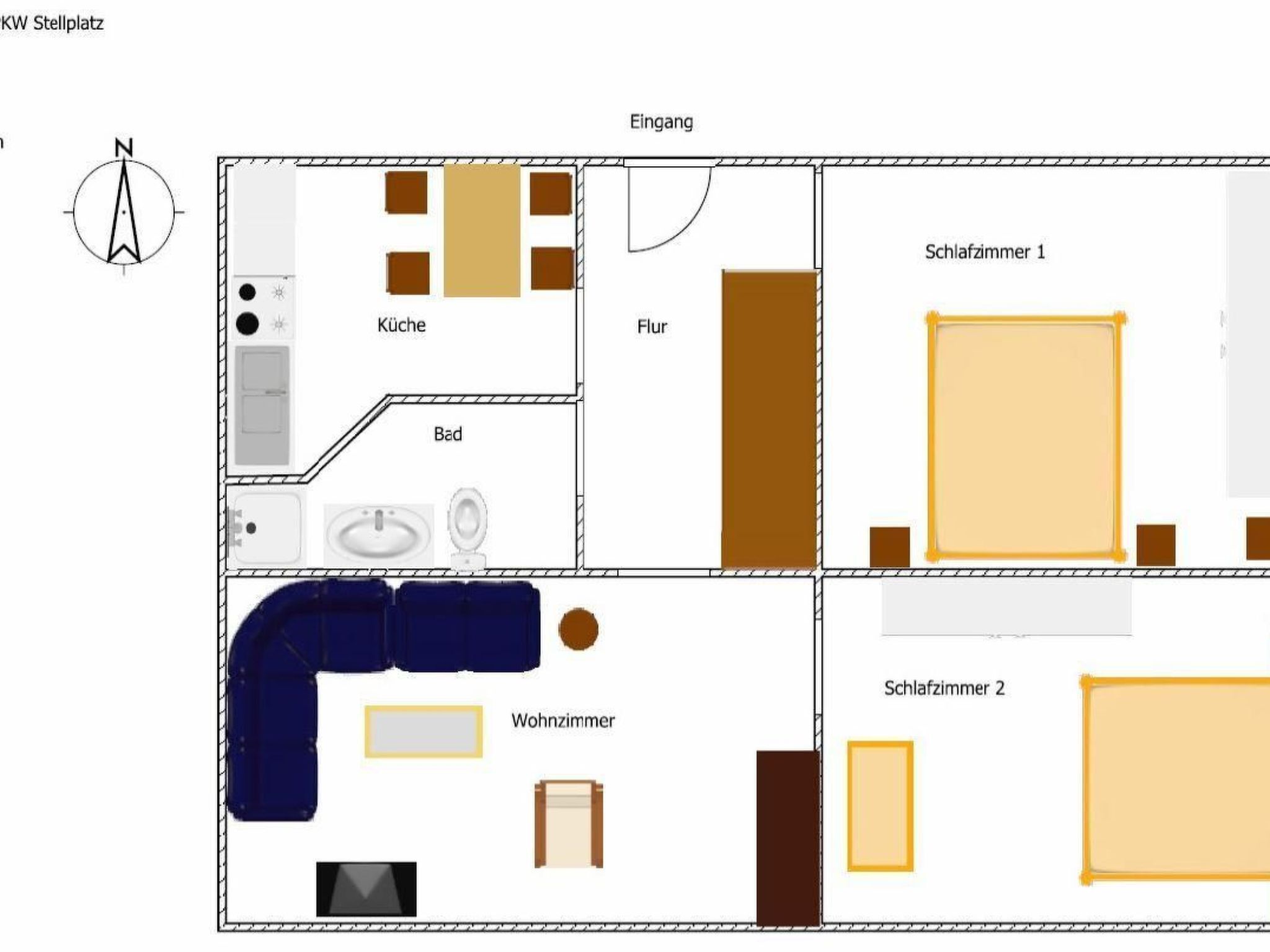 Indeling van een hotelkamer met een keuken, badkamer, twee slaapkamers en een zithoek.