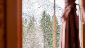 Een uitzicht vanuit een raam op een besneeuwd bos met hoge altijdgroene bomen.