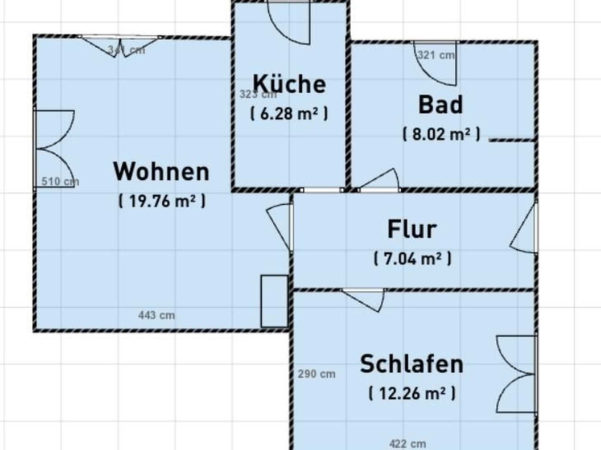 A floor plan of a hotel with labeled rooms: Wohnen (19.76 m²), Küche (6.28 m²), Bad (8.02 m²), Flur (7.04 m²), and Schlafzimmer (12.26 m²).