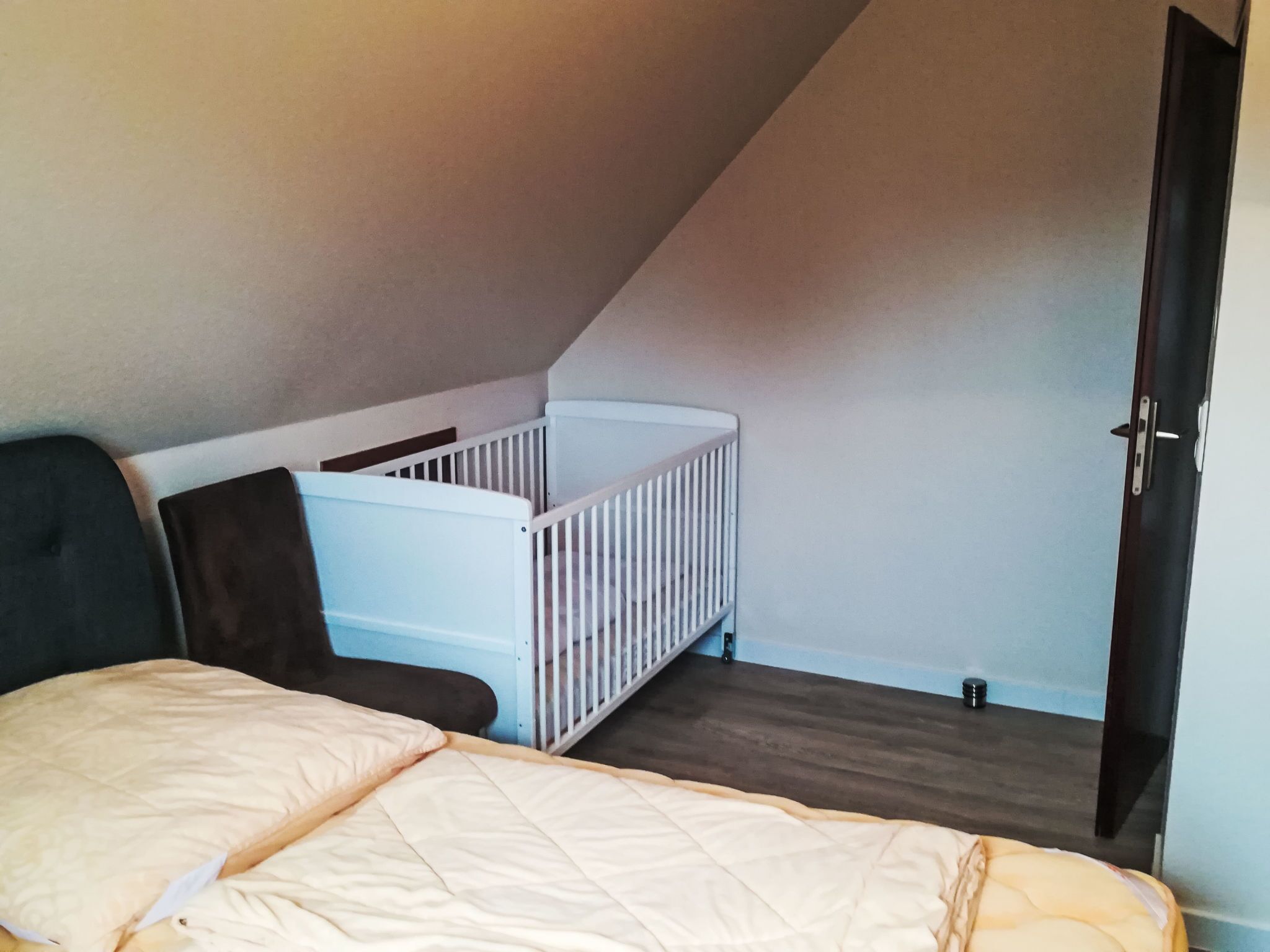 A room with a bed, a crib, and a door.