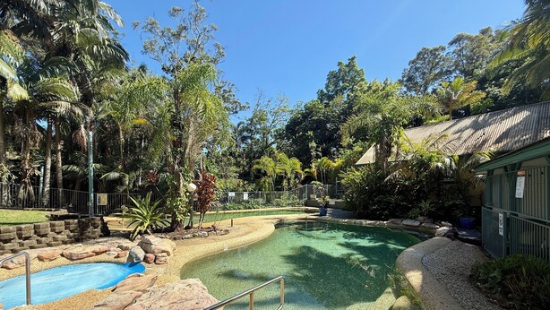A pool area with clear water, surrounded by rocks and pebbles, and a pathway leading to a building with a green roof. - Tropic Oasis by Charlesworth (Coffs Harbour)