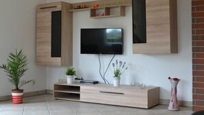 Un salon moderne avec un téléviseur à écran plat fixé au mur, des meubles en bois, une petite étagère ornée d’objets décoratifs et une plante en pot.