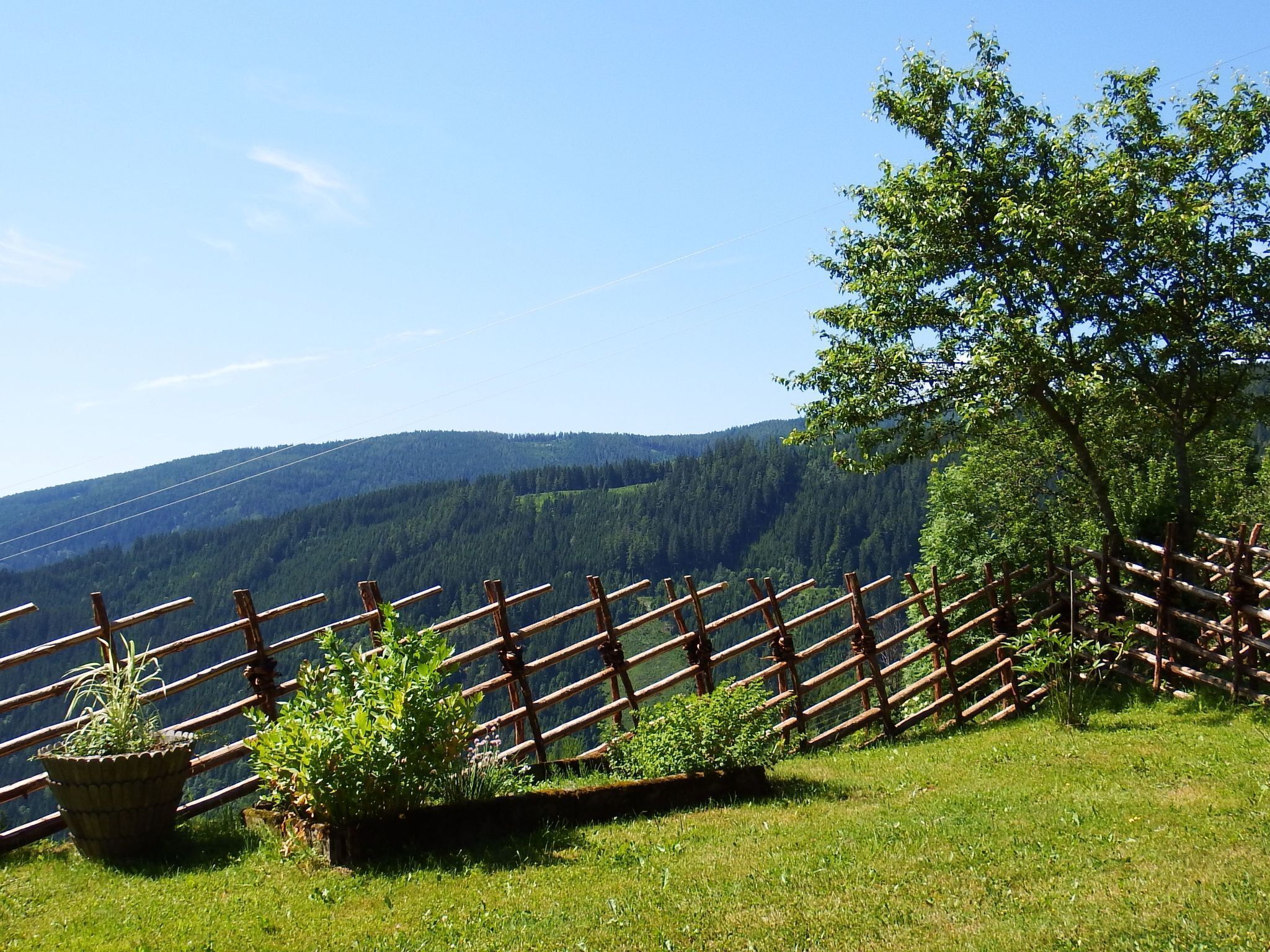 A wooden fence with a view of a forested mountain range.