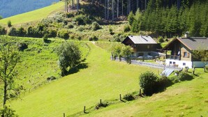 Una casa rural con patio cercado, rodeada de vegetación exuberante y una ladera boscosa.