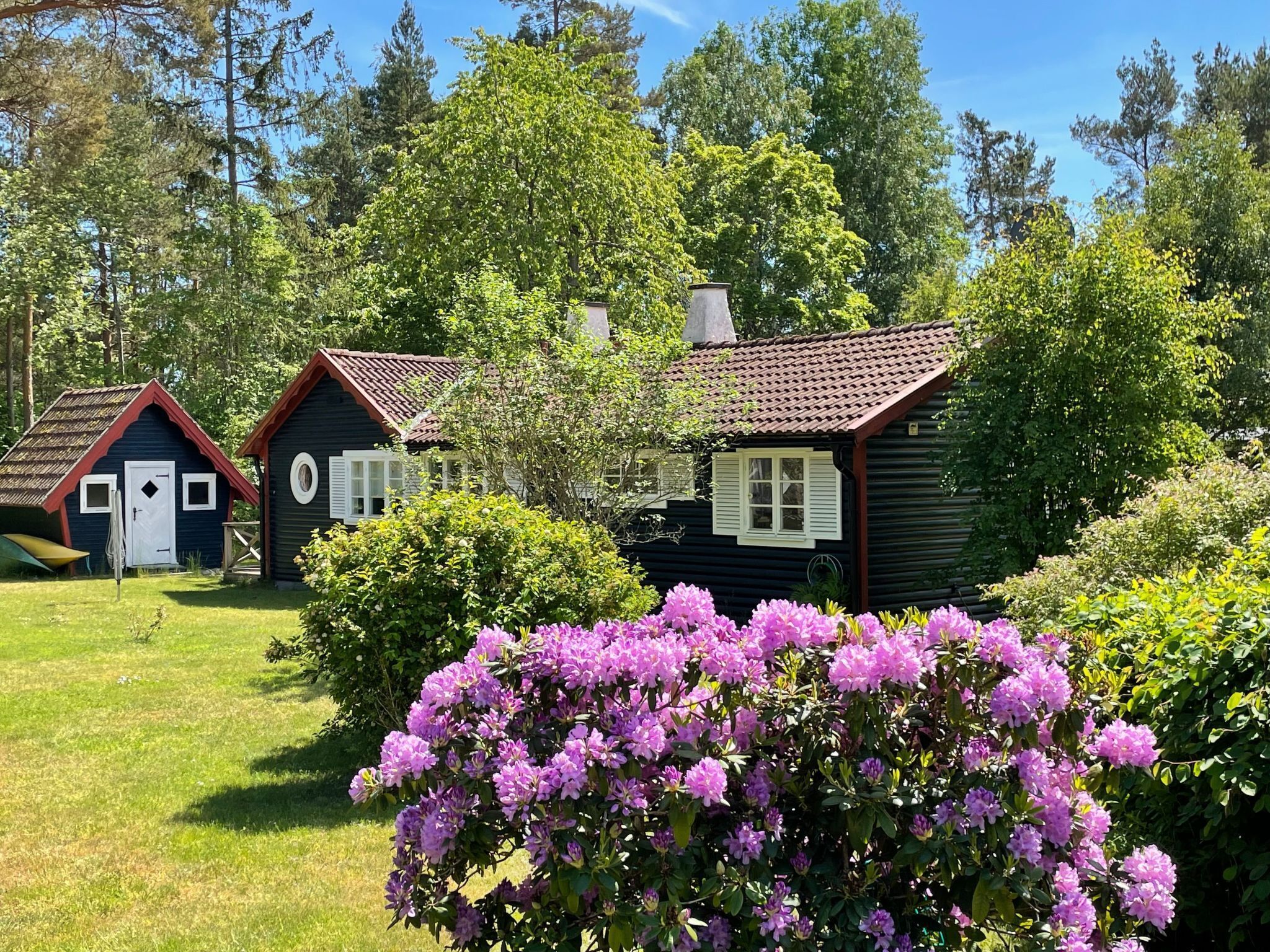 A row of cabins with a grassy yard and flowering bushes.