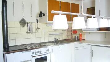Fridge, microwave, oven, cookware/dishes/utensils