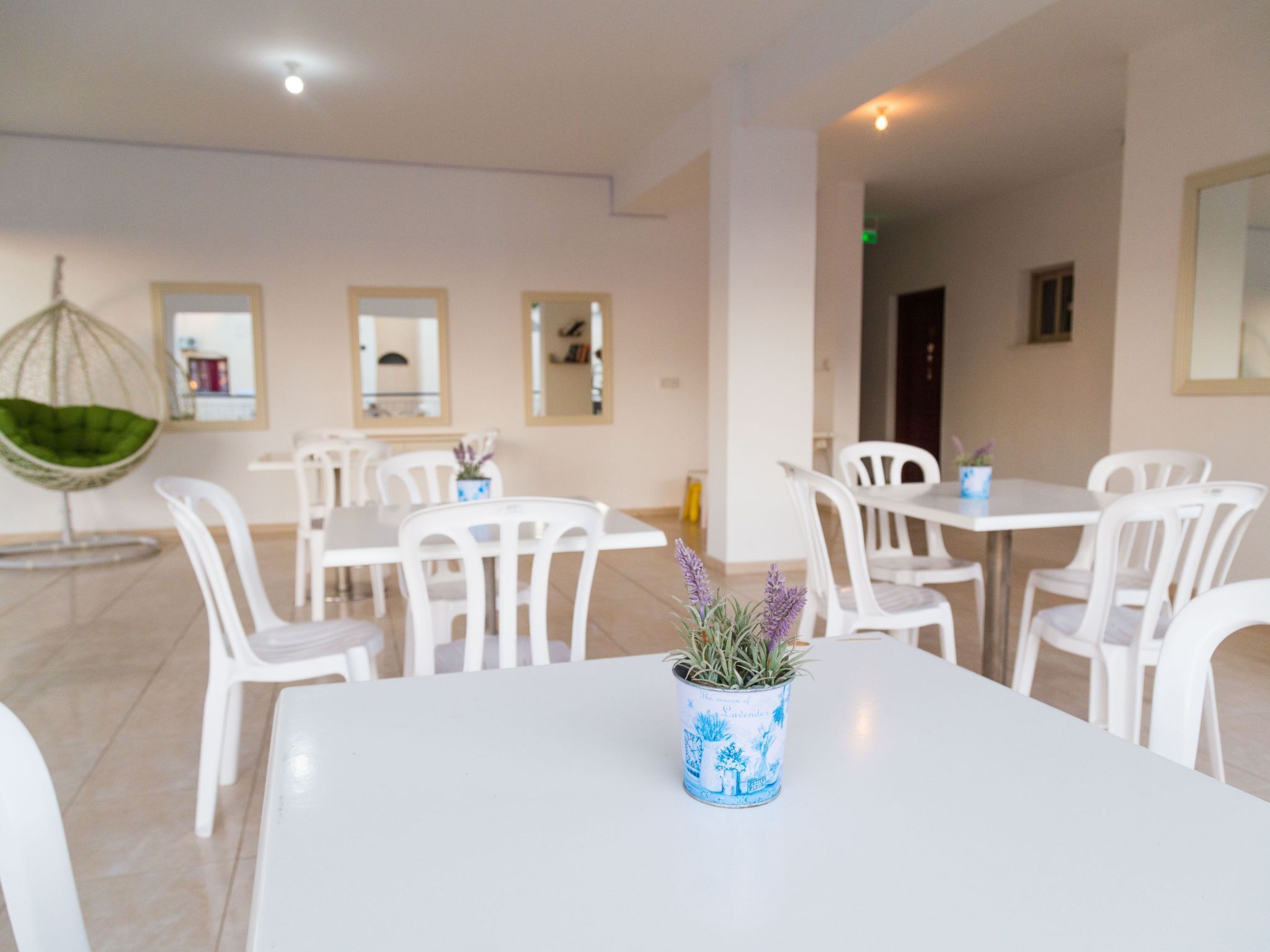 A modern dining area with white tables and chairs, a hanging chair, and a potted lavender plant on a table.