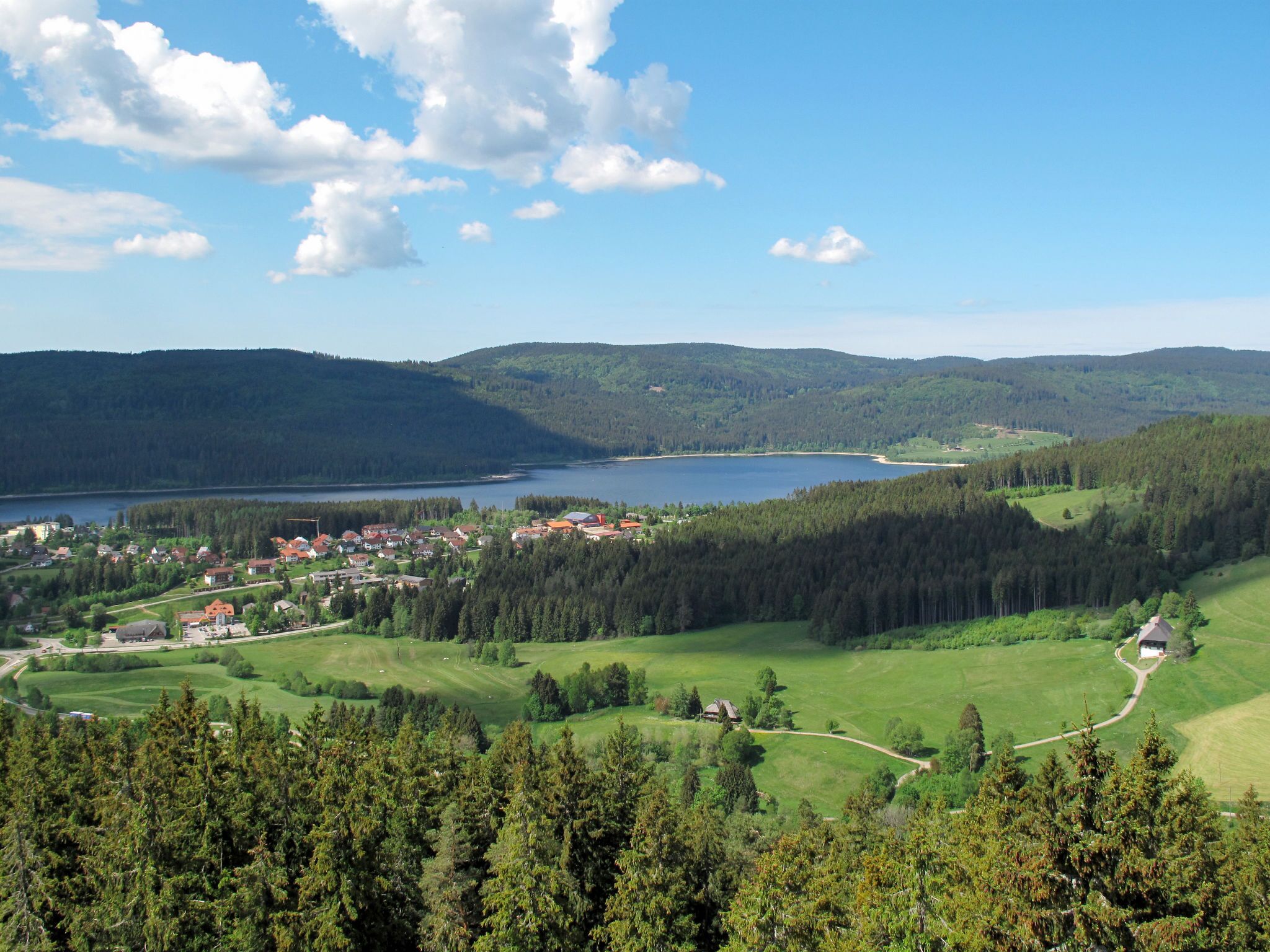 Una vista panorámica de un pueblo a orillas de un lago, con casas y zonas boscosas.