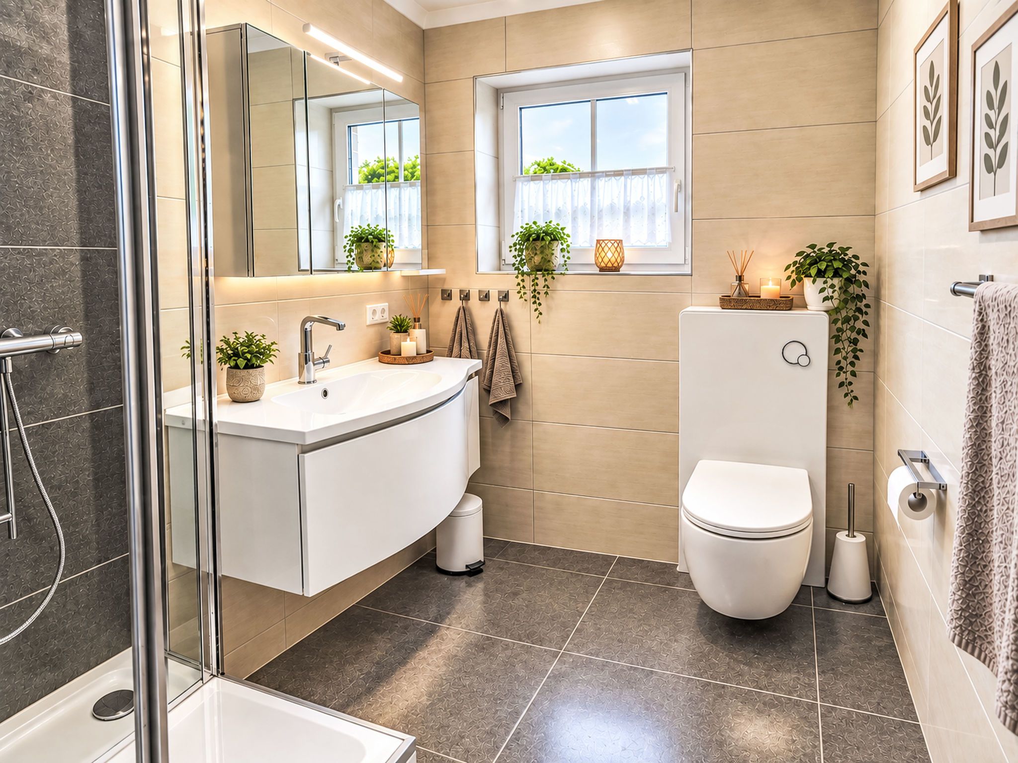 A modern bathroom with a glass shower enclosure, a white sink with a mirror, a toilet, and two windows with plants.