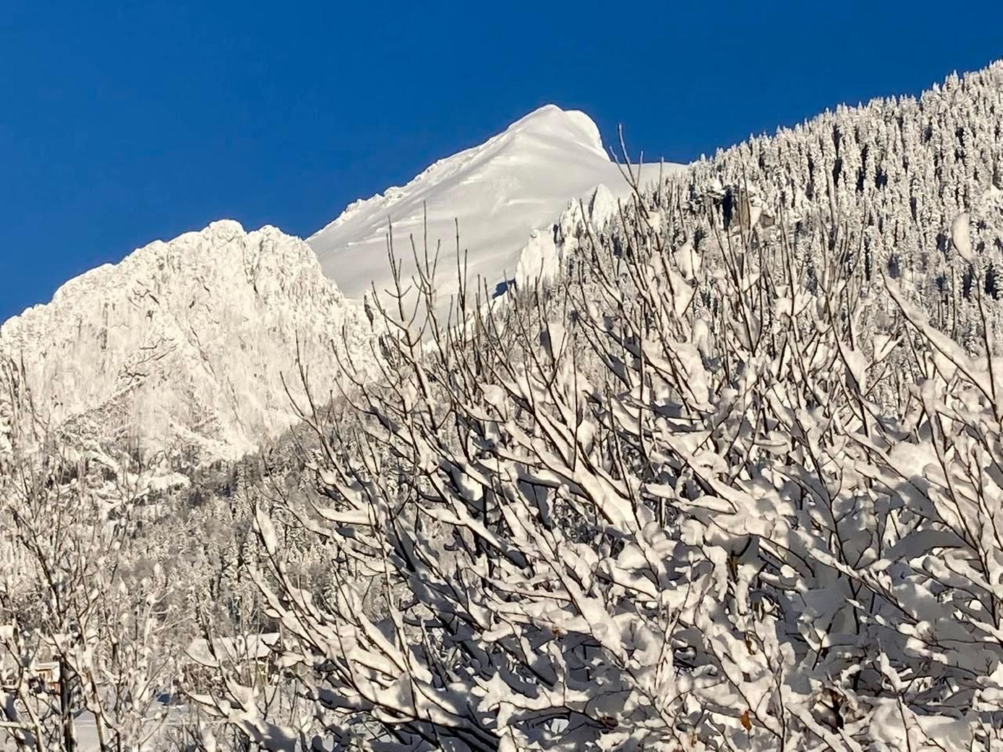 Una montaña nevada con cielo despejado.