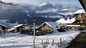 Ein verschneites Bergdorf mit traditionellen Holzhäusern und freiem Blick auf die Berge im Hintergrund.