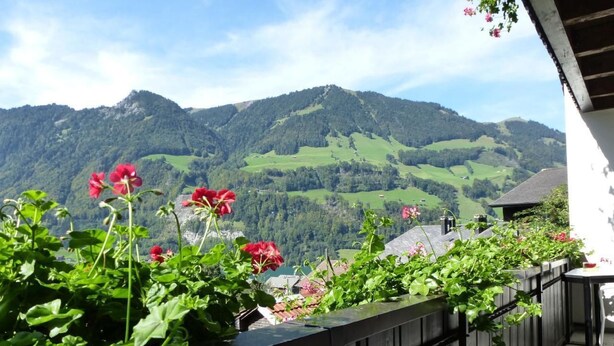 Ein Balkon mit Holzwertung, der auf eine gebirgige Landschaft mit grünen Feldern und roten Blumen blickt.