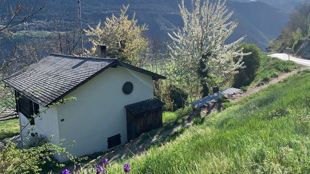 A small white building with a dark roof, surrounded by greenery and a mountainous backdrop.