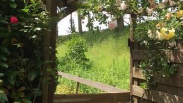 Een houten poort met een houten hekwerk leidt naar een tuin vol rozen en groene begroeiing.