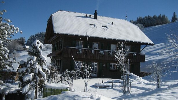 Un chalet en bois, dont le toit est recouvert de neige, entouré d’arbres également enneigés et sous un ciel bleu dégagé.