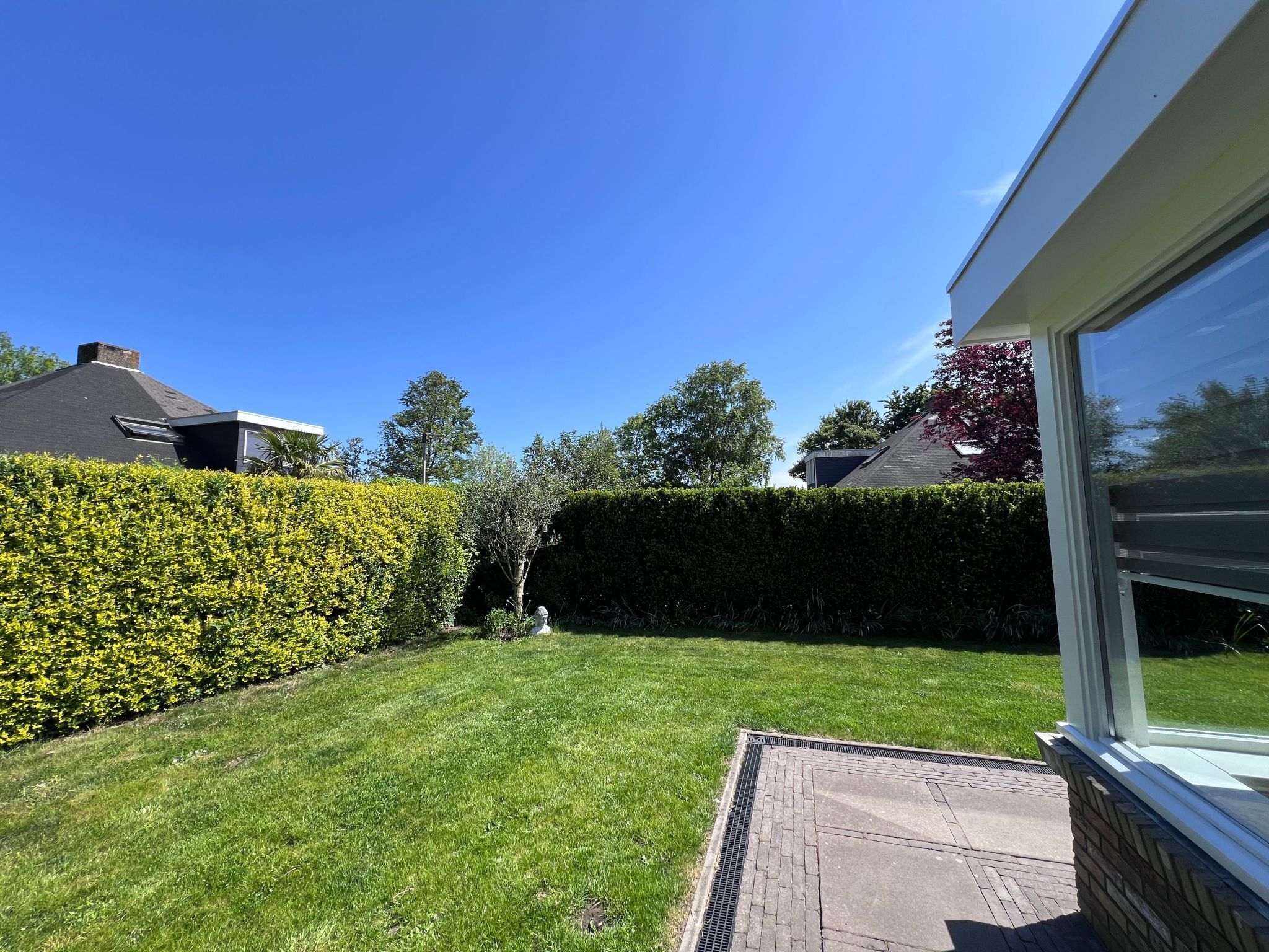 Un jardin bien entretenu avec une pelouse, une haie et une terrasse en briques.