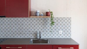 A kitchen with a stainless steel sink, red cabinets, a patterned backsplash, and a small shelf with a plant and decorative items. - Bellezza - Bio Bergün by Interhome (Bergün)