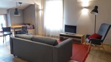 Un salon avec un canapé gris, un téléviseur posé sur un meuble en bois, un tapis rouge, un fauteuil bleu et un coin repas avec une table et des chaises en bois.