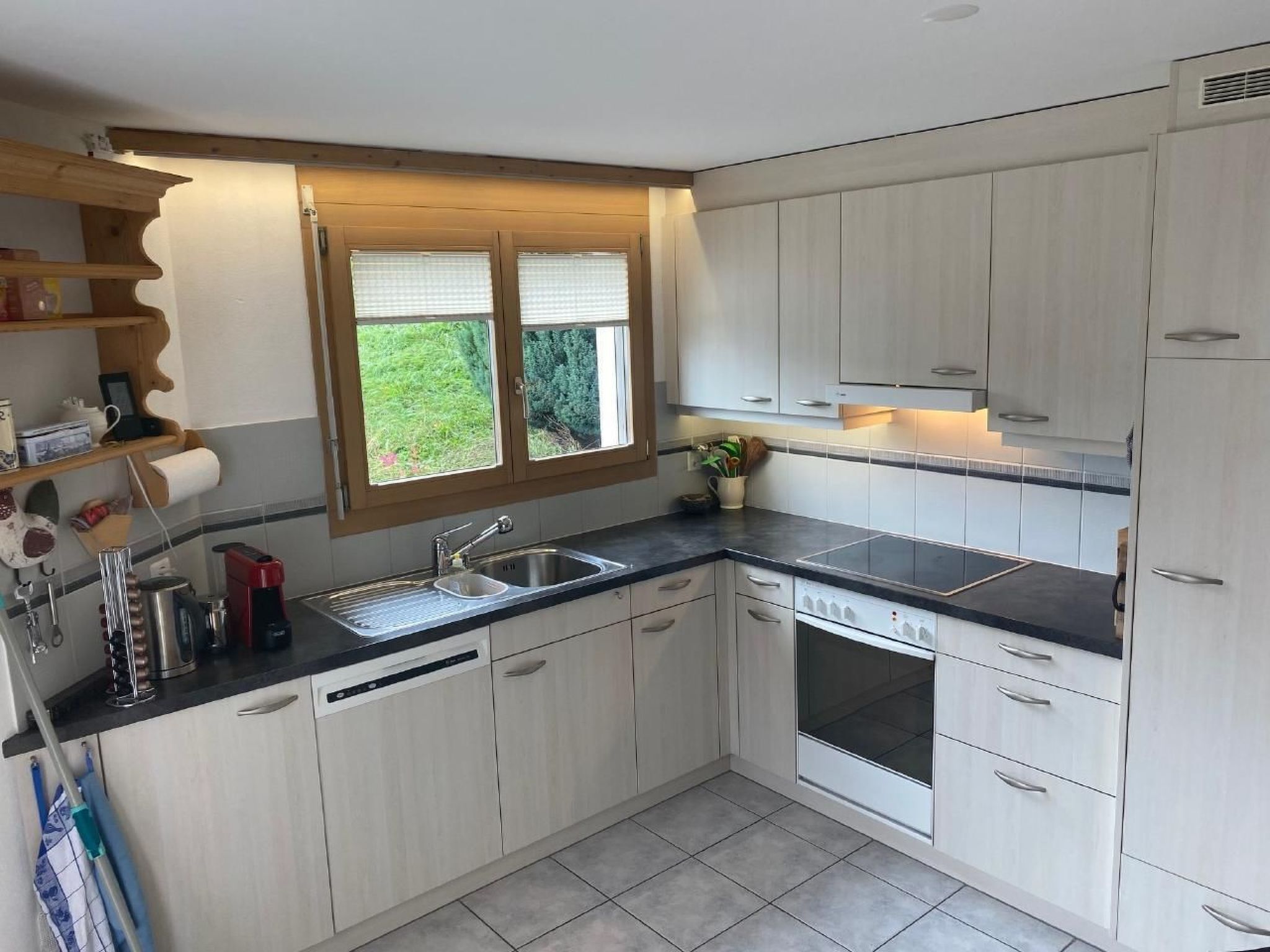 Fridge, oven, dishwasher, cookware/dishes/utensils