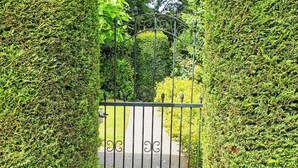 Un ingresso recintato con cancello in metallo, circondato da siepi curate.