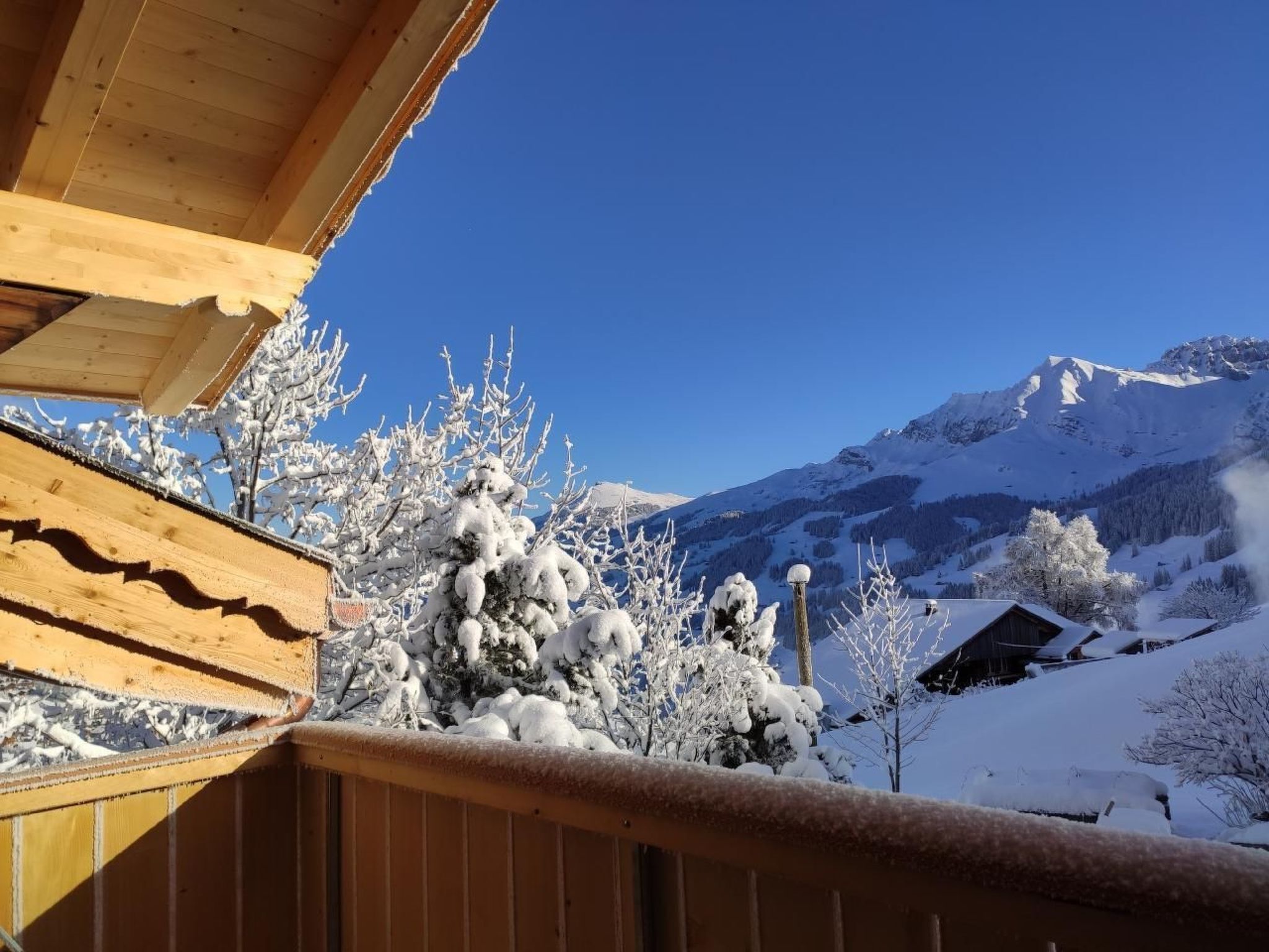 Een houten balkon met uitzicht op besneeuwde bomen en bergen.