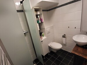 Un baño con inodoro, lavamanos y zona de ducha.