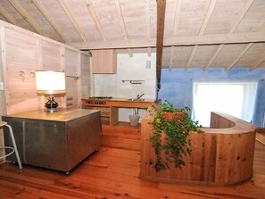 A wooden interior with a kitchen area, a bar counter, and a hanging plant. - Bauernhaus aus dem XIX Jahrhundert by Interhome (Torres Novas)
