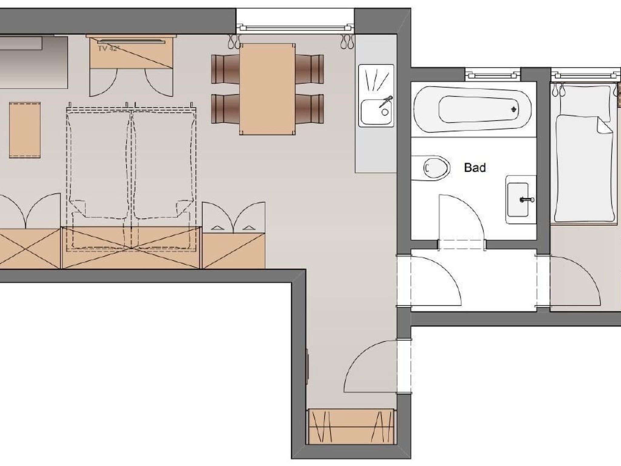 Ein Grundriss eines Hotelzimmers mit Bad, Essbereich und Fernseher.