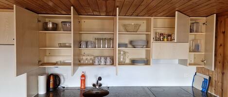 Fridge, oven, dishwasher, cookware/dishes/utensils