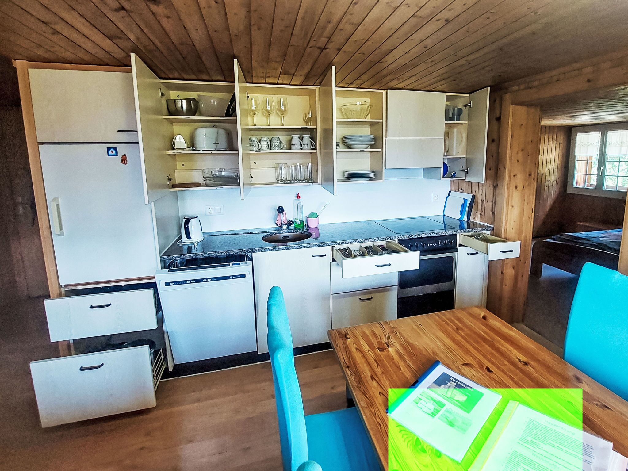 Fridge, oven, dishwasher, cookware/dishes/utensils
