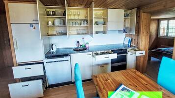 Fridge, oven, dishwasher, cookware/dishes/utensils