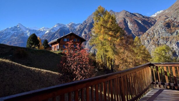 Eine Holzhütte mit einer Terrasse, umgeben von Herbstlaub und Bergen im Hintergrund.