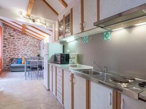 Fridge, microwave, oven, cookware/dishes/utensils