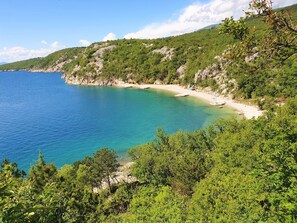 Un paysage côtier avec une plage, des eaux d’un bleu limpide et une végétation luxuriante.