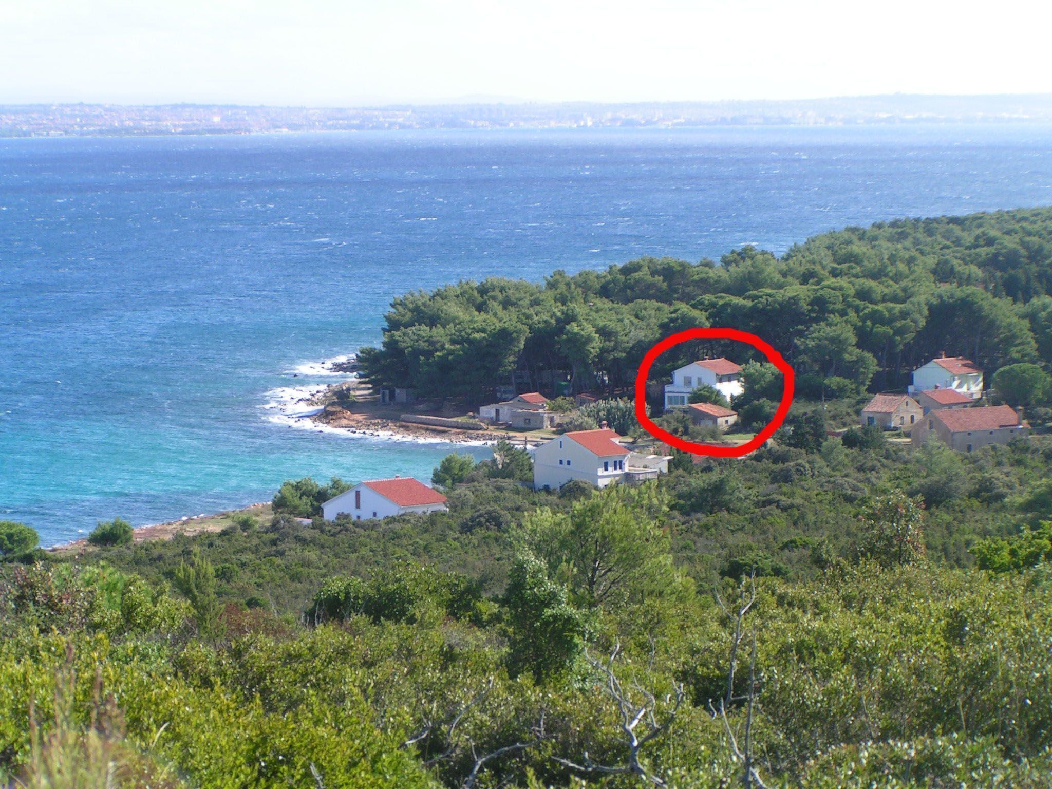 A coastal village with houses surrounded by dense greenery, overlooking the sea.