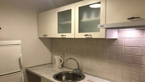 Eine kleine Küche mit Spüle, Wasserkocher und Kühlschrank.