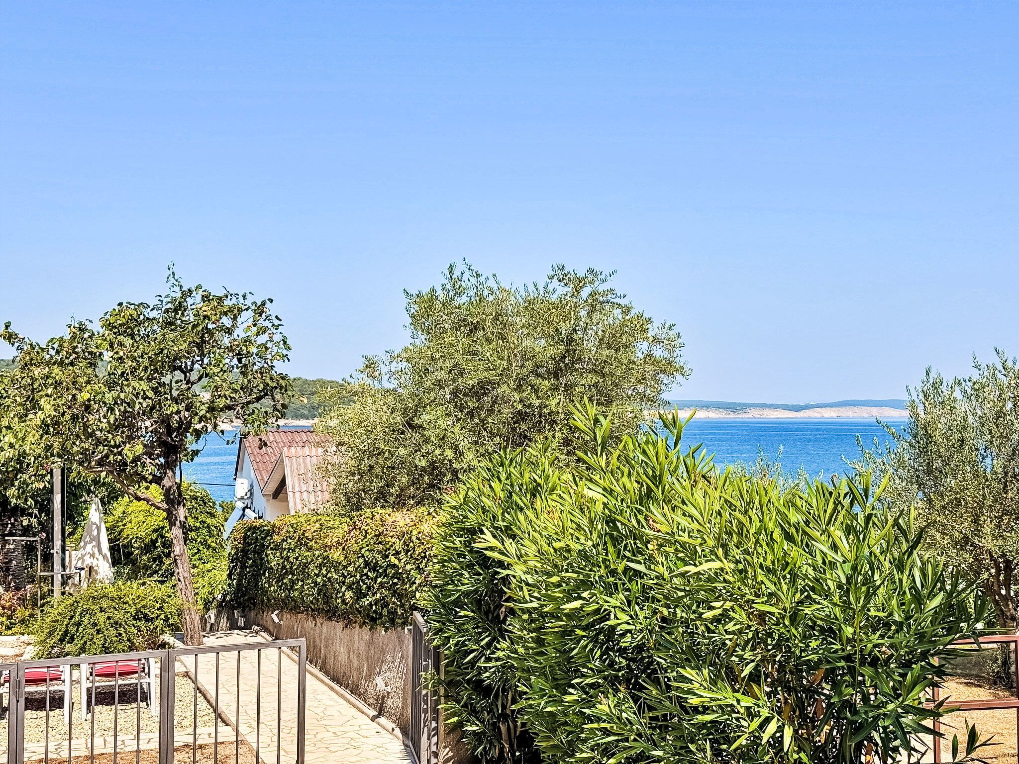 Une propriété située sur la côte, offrant une vue sur la mer, dotée d’un jardin clos et d’un bâtiment avec un toit rouge.