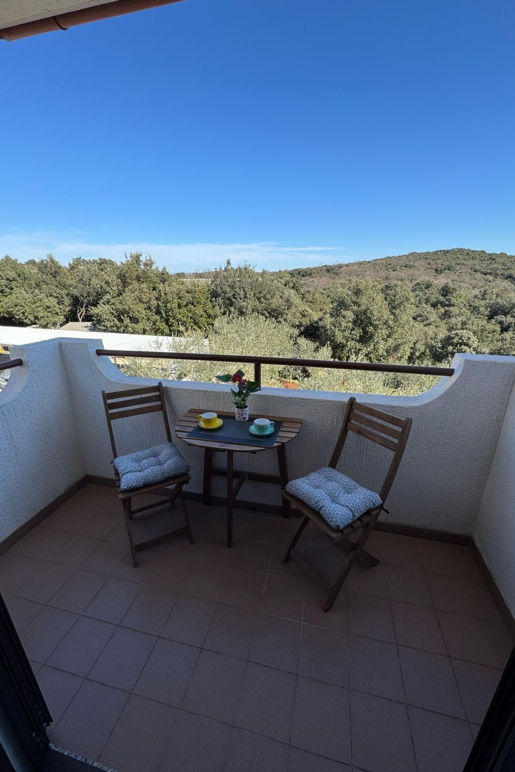 A small balcony with two wooden chairs and a table, a potted plant, and a view of a hilly landscape.