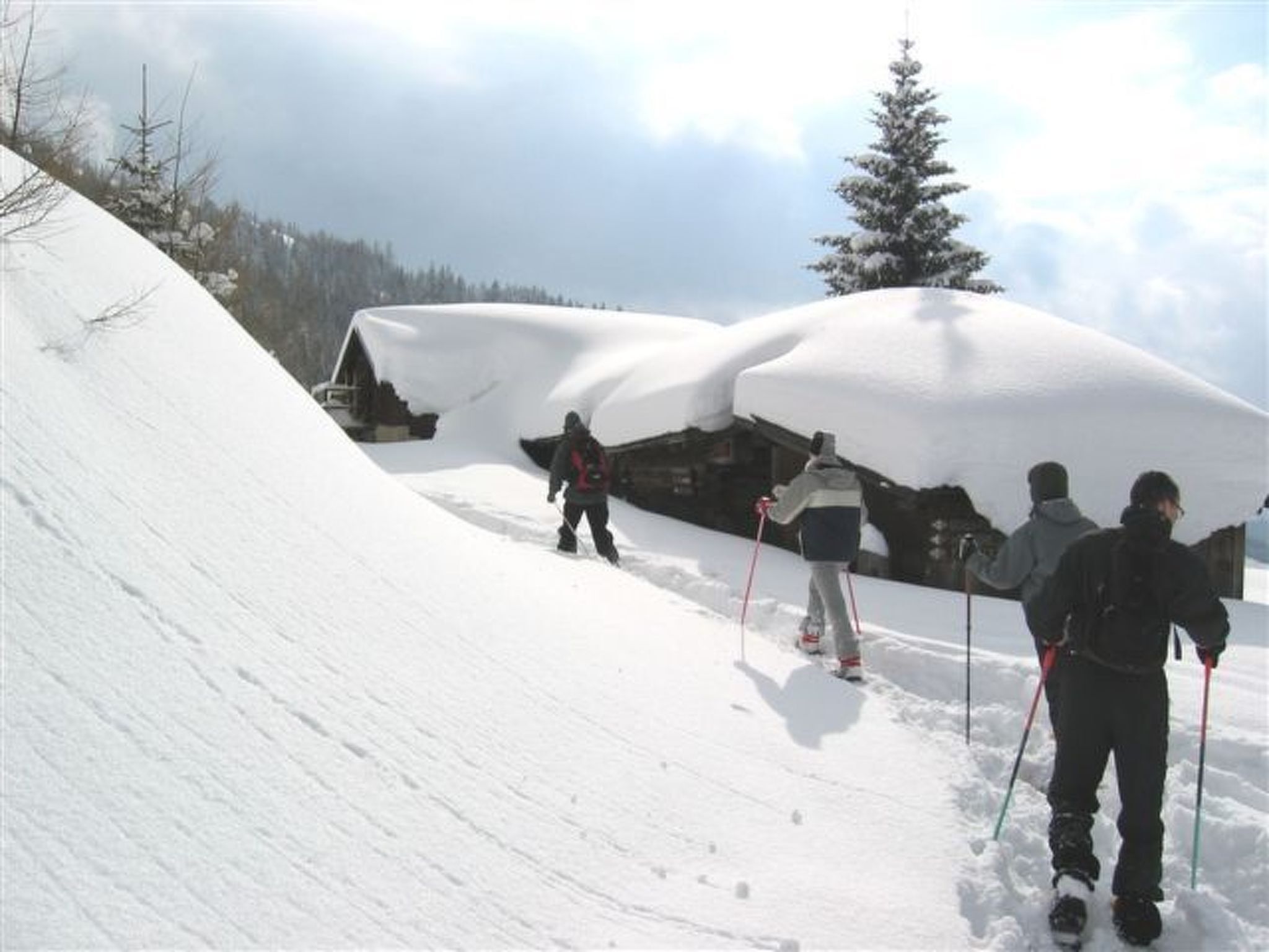 Pendio innevato con una baita di legno e una persona che scia.