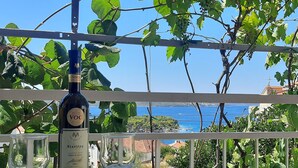 A bottle of VOC Riesling wine and two glasses on a table with a view of the sea and greenery. - Wohnung mit Blick auf das Wasser by Interhome (Trogir)