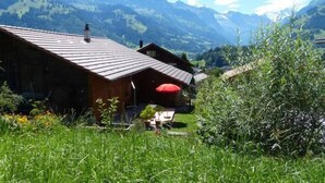 A traditional chalet with a sloped roof, surrounded by lush greenery and mountains in the background.