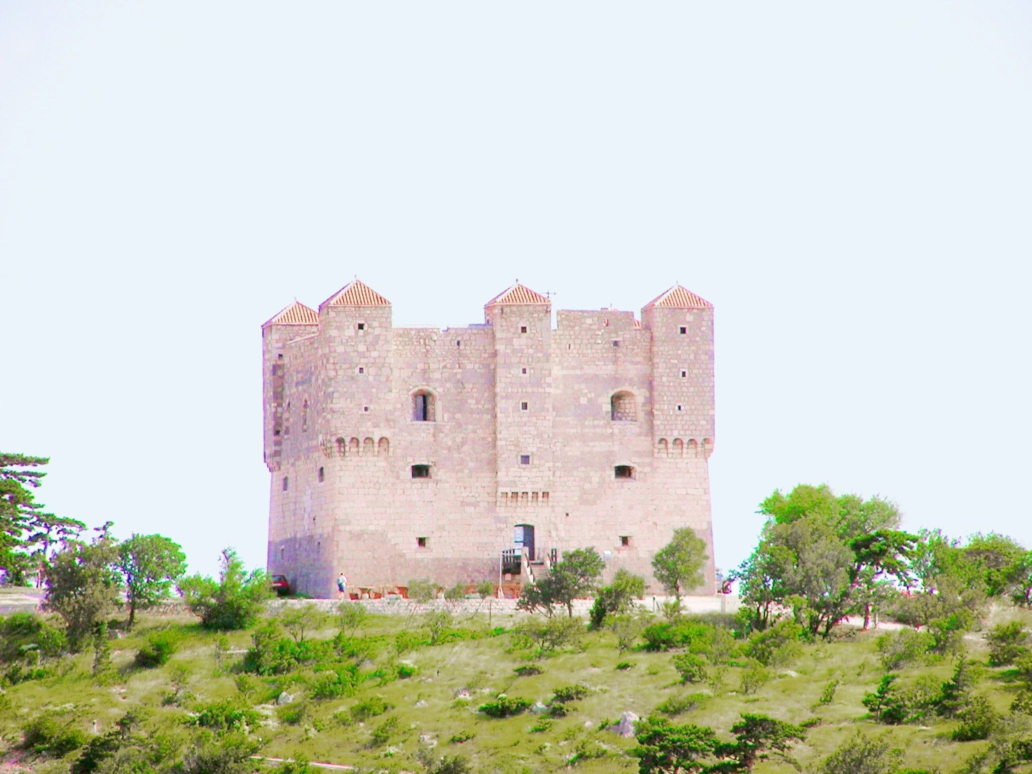 Un castillo de piedra grande e histórico con múltiples torres y una entrada central, rodeado por un paisaje cubierto de hierba.