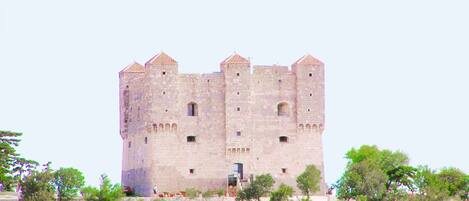 Un castillo de piedra grande e histórico con múltiples torres y una entrada central, rodeado por un paisaje cubierto de hierba.